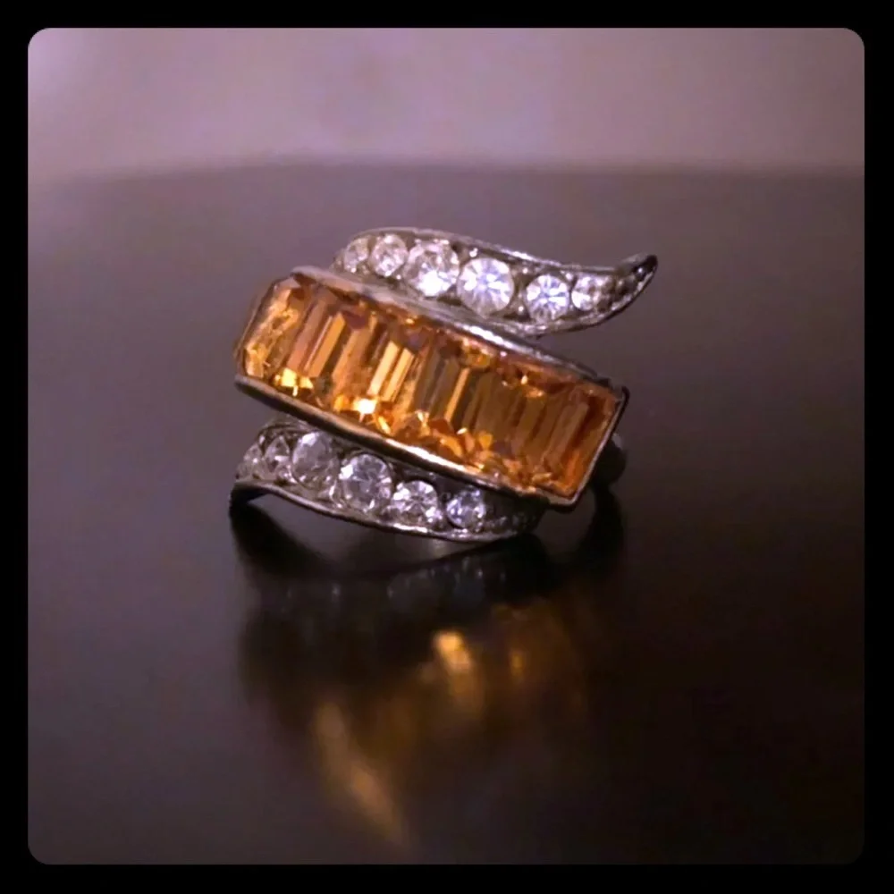 Vintage EMMONS Mid-Century Citrine Crystal Cocktail Ring | Adjustable (Sz 5–7)